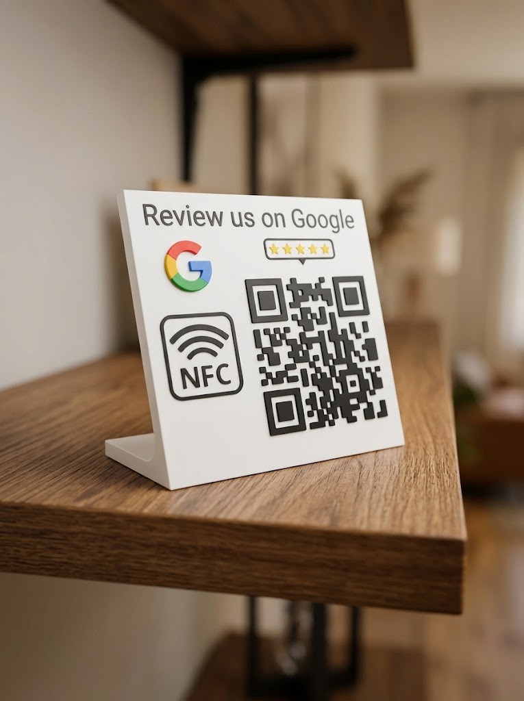 A QR code menu stand on a cafe table